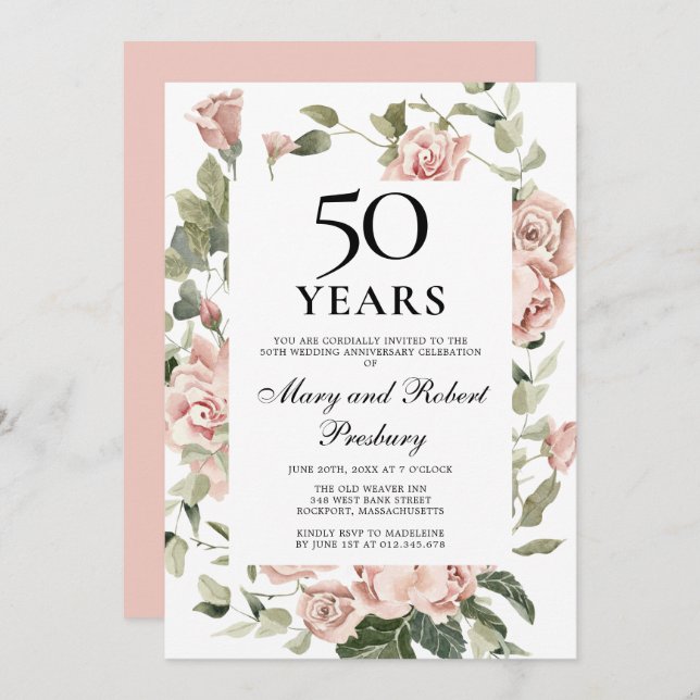 Invitación Aniversario de Bodas de Oro Rosa Floral (Anverso / Reverso)
