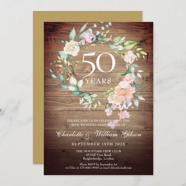 Invitación Aniversario de bodas de oro Rosas florales rústica (Anverso / Reverso)