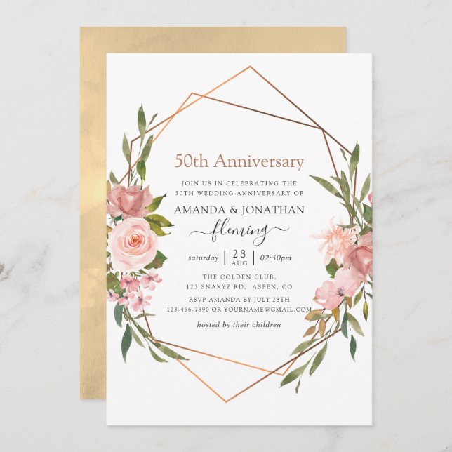 Invitación Aniversario de bodas de oro Rose Gold y Blush Pink (Anverso / Reverso)