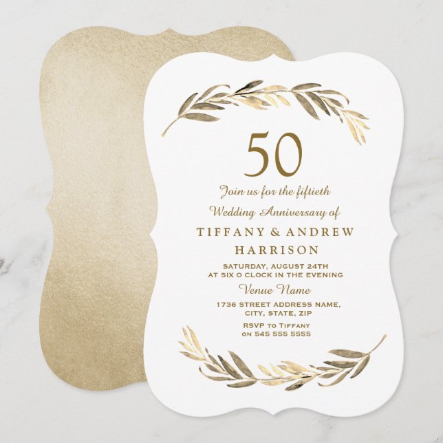 Invitación Aniversario de bodas de oro Simple Modern con hoja (Anverso / Reverso)