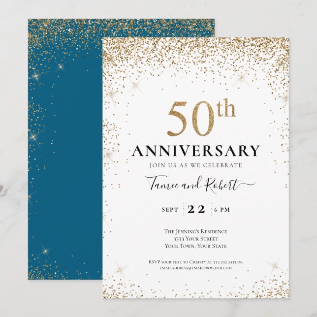 Invitación Aniversario de Bodas de Oro Teal Blanco Oro (Anverso / Reverso)