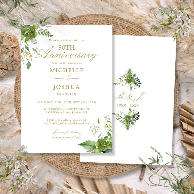 Invitación Aniversario de Bodas de Oro Verde Dorado Monograma (50th Wedding Anniversary Greenery Gold Monogram Invitation)