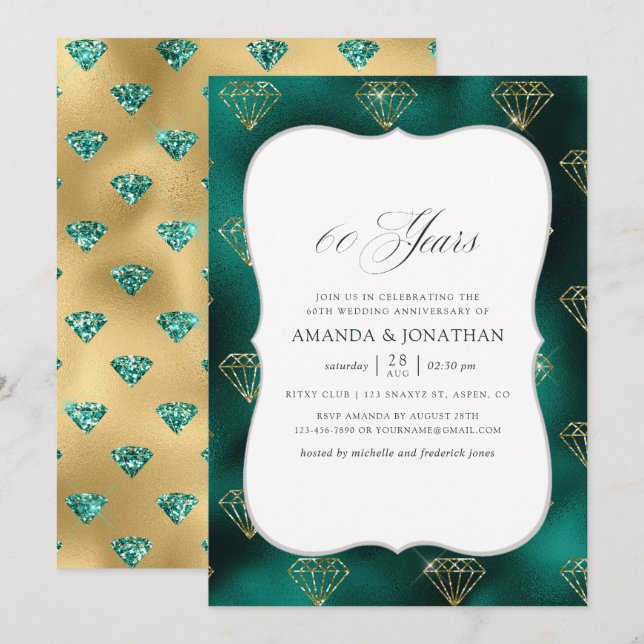 Invitación Aniversario de bodas de oro y azul turquesa número (Anverso / Reverso)