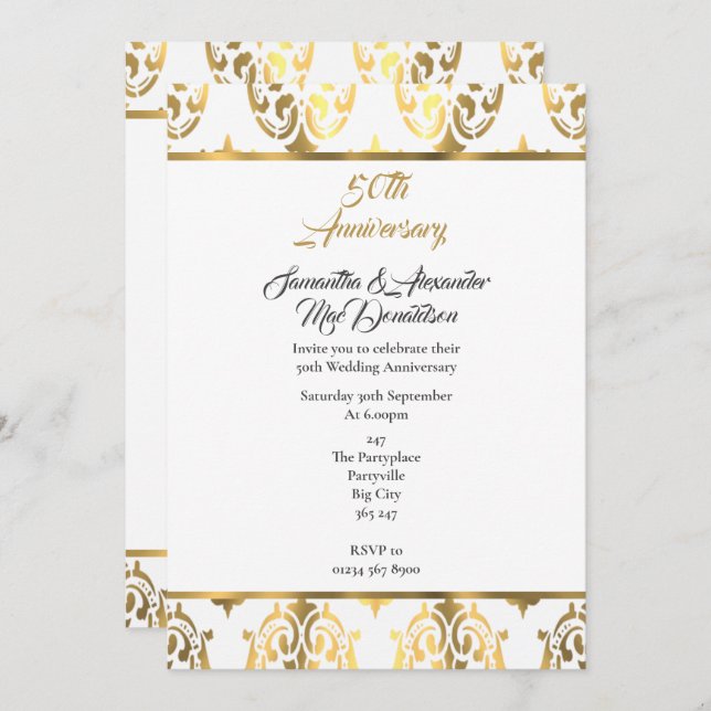 Invitación Aniversario de bodas de oro y damasco blanco (Anverso / Reverso)