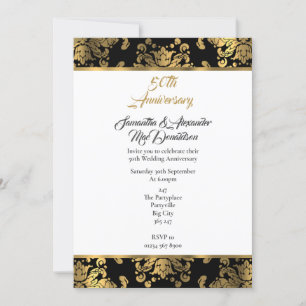 Invitación Aniversario de bodas de oro y seda damasco negro