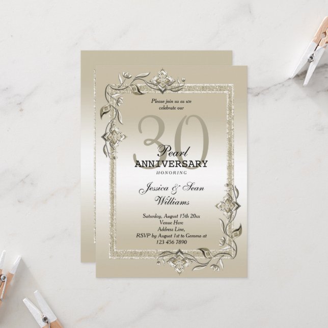 Invitación Aniversario de Bodas de Perla Brillo y Purpurina 3 (Anverso/Reverso In Situ)