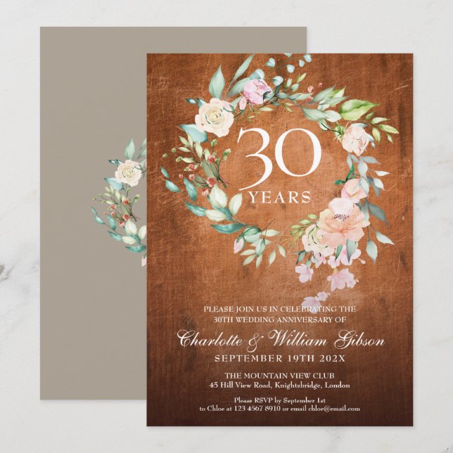 Invitación Aniversario de Bodas de Perla con Rosas de Madera  (Anverso / Reverso)