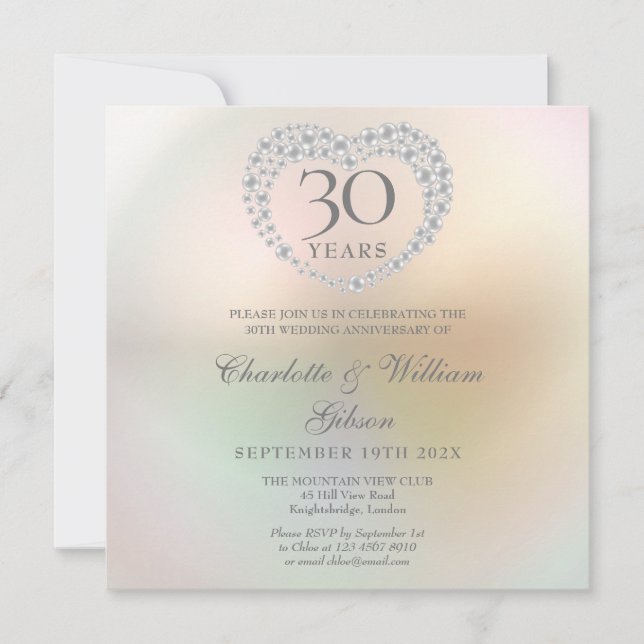 Invitación Aniversario de Bodas de Perla Cuadrado Corazón 30 (Anverso)