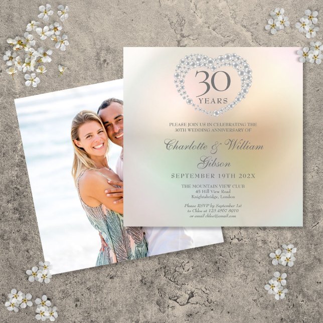 Invitación Aniversario de Bodas de Perla Cuadrado Foto Corazó (30th Wedding Anniversary Photo Square Pearl Heart Invitation)