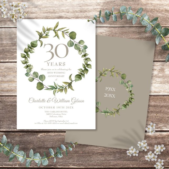 Invitación Aniversario de bodas de perla de 30 años con guirn (30th Wedding Anniversary Pearl Greenery Garland Invitation)
