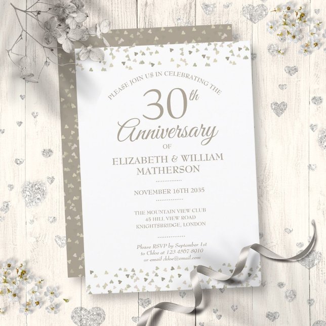 Invitación Aniversario de bodas de perlas Corazones Confeti 3 (30th Wedding Anniversary Pearl Hearts Confetti Invitation)