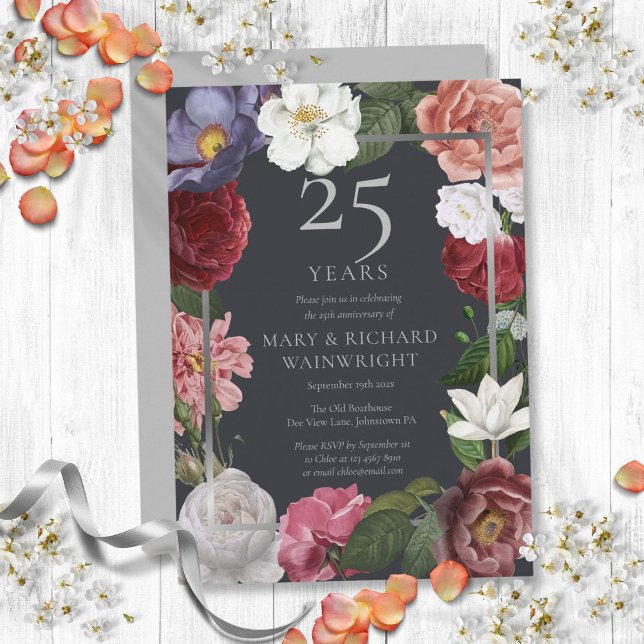 Invitación Aniversario de Bodas de Plata 25º Country Rose (25th Silver Wedding Anniversary Country Rose Invitation)