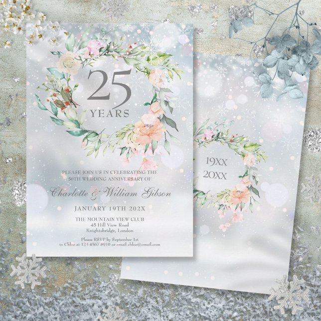 Invitación Aniversario de bodas de plata 25º Floral de Invier (Winter Floral 25th Silver Wedding Anniversary Invitation)