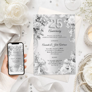 Invitación aniversario de bodas de plata 25 años con flores y