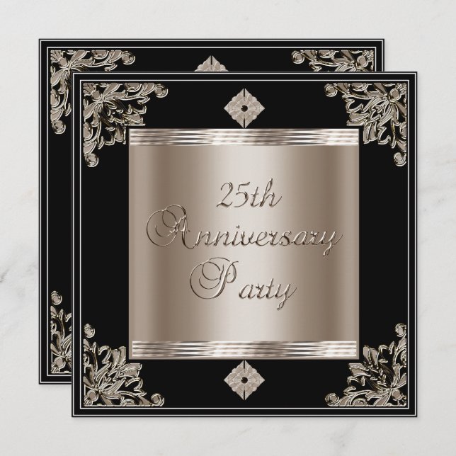 Invitación Aniversario de Bodas de Plata Art Deco Negro Sepia (Anverso / Reverso)