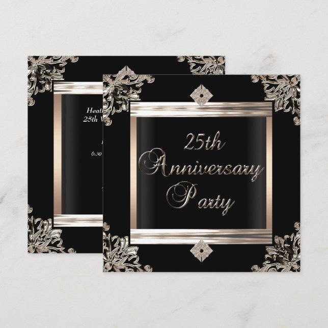 Invitación Aniversario de Bodas de Plata Arte Deco Negro Plat (Anverso / Reverso)
