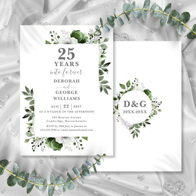 Invitación Aniversario de Bodas de Plata con Monograma Floral (25th Wedding Anniversary Greenery Floral Monogram Invitation)