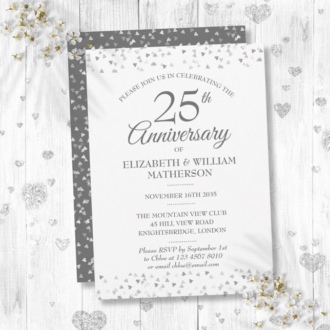 Invitación Aniversario de Bodas de Plata Corazones de Amor (25th Wedding Anniversary Silver Love Hearts Invitation)