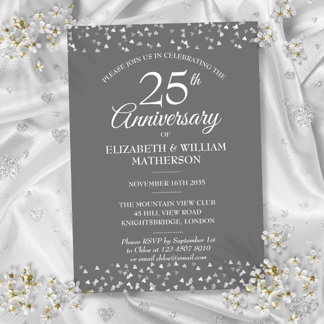 Invitación Aniversario de Bodas de Plata Corazones de Confeti (25th Weddding Anniversary Silver Hearts Confetti Invitation)