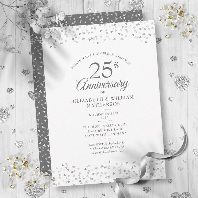 Invitación Aniversario de Bodas de Plata Corazones de Confeti (25th Wedding Anniversary Silver Hearts Confetti Invitation)