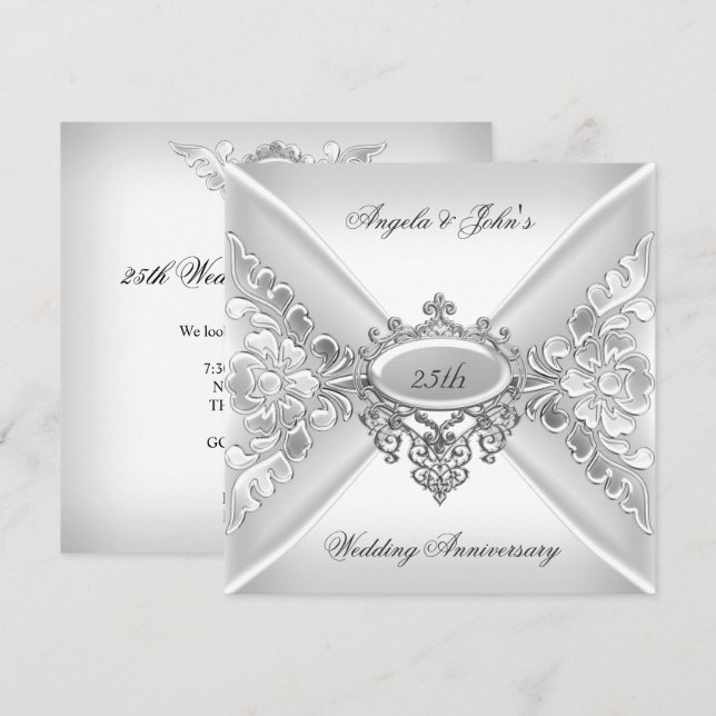 Invitación Aniversario de Bodas de Plata elegante blanco plat (Anverso / Reverso)