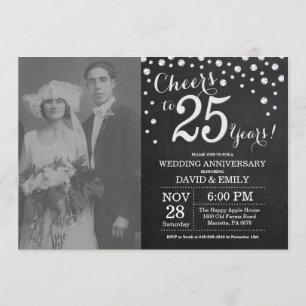 Invitación Aniversario de bodas de plata en pizarra negra y p