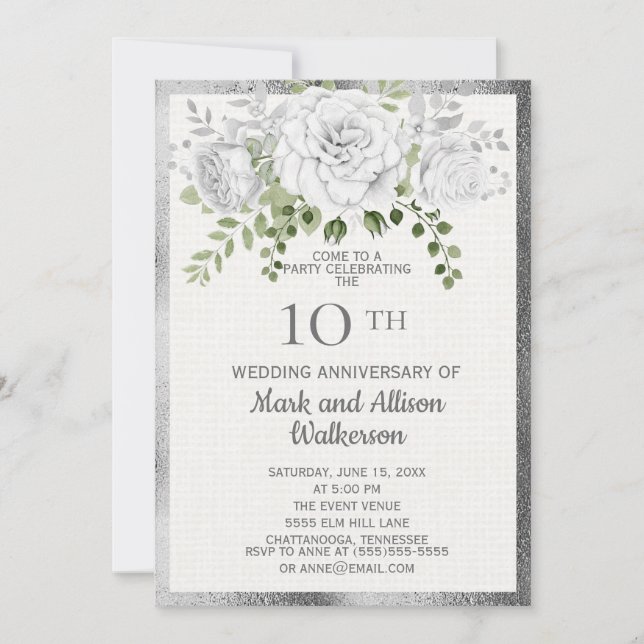 Invitación Aniversario de bodas de plata floral blanco (Anverso)