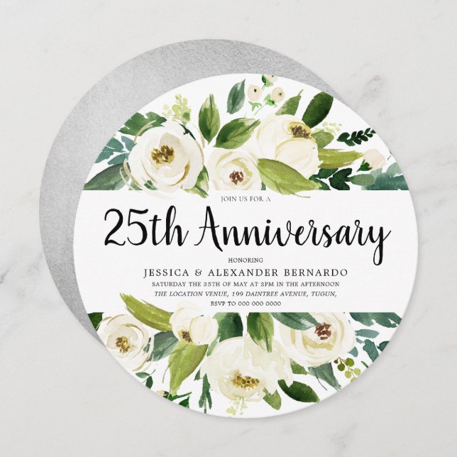 Invitación Aniversario de Bodas de Plata Floral Blanco 25 (Anverso / Reverso)