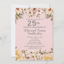 Invitación Aniversario de bodas de plata floral blanco rosa