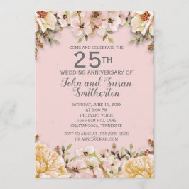 Invitación Aniversario de bodas de plata floral blanco rosa