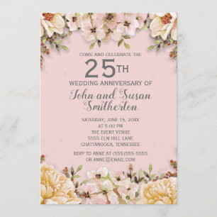Invitación Aniversario de bodas de plata floral blanco rosa
