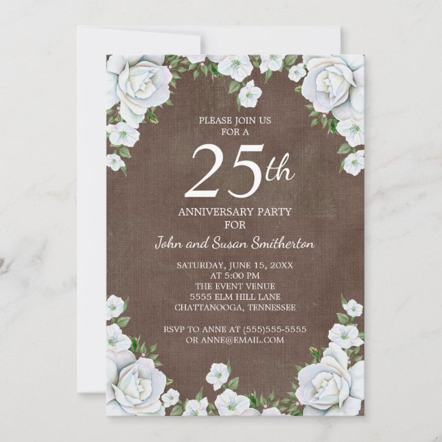 Invitación Aniversario de Bodas de Plata Floral Marrón y Blan (Anverso)