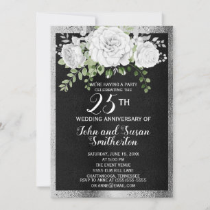Invitación Aniversario de bodas de plata floral negro platead