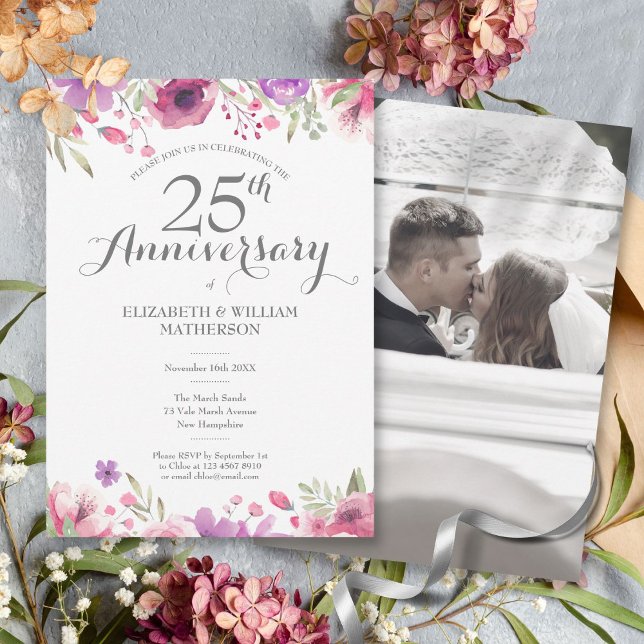 Invitación Aniversario de Bodas de Plata Foto Rosas Acuarela  (25th Wedding Anniversary Photo Watercolor Roses Invitation)
