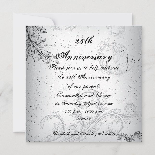 Invitación Aniversario de bodas de plata gris negro (Anverso)