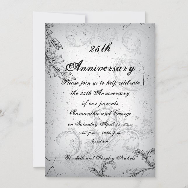 Invitación Aniversario de bodas de plata gris negro (Anverso)