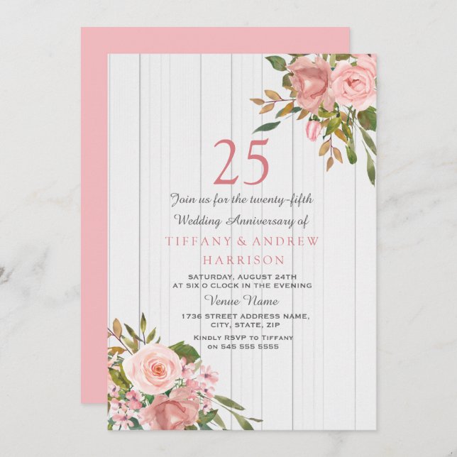 Invitación Aniversario de bodas de plata Rosa Dorado Blanco (Anverso / Reverso)