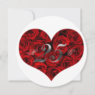Invitación Aniversario de Bodas de Plata Rosas Rojas Corazón 
