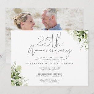 Invitación Aniversario de Bodas de Plata Verde Floral Foto