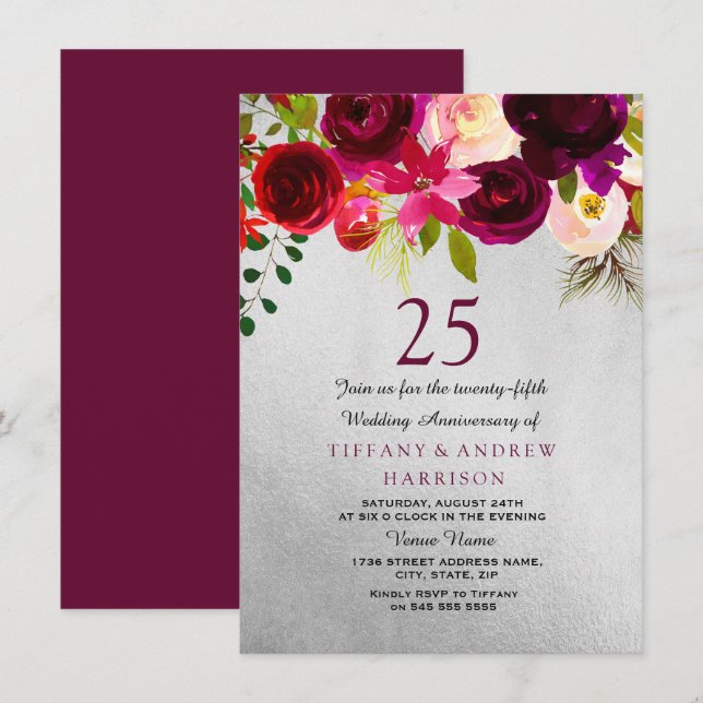 Invitación Aniversario de Bodas de Plata y Burgundy Floral 25 (Anverso / Reverso)