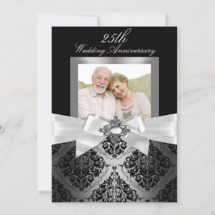 Invitación Aniversario de Bodas de Plata y Negro con Lazo y D