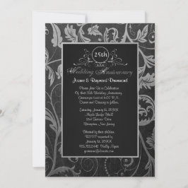 Invitación Aniversario de bodas de plata y negro Damask 25