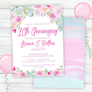 Invitación Aniversario de bodas de porcelana floral rosa azul