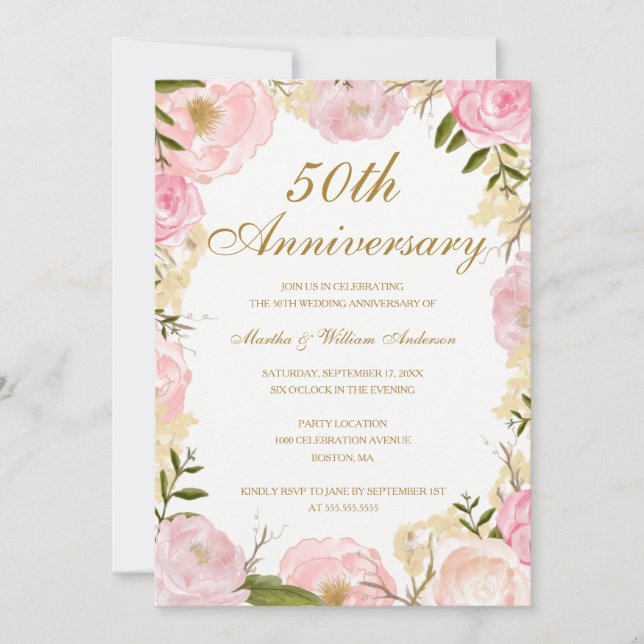Invitación Aniversario de Bodas de Rosa Rosa Elegante 50 (Anverso)