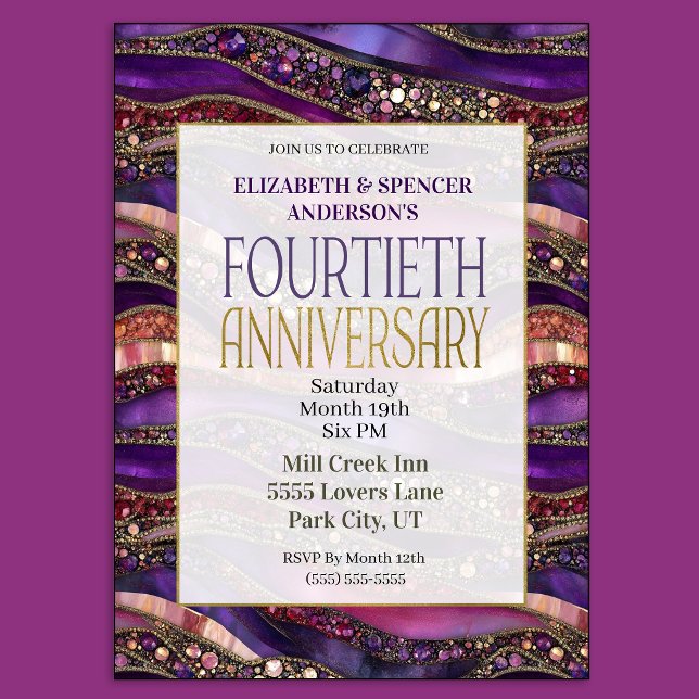 Invitación Aniversario de Bodas de Rubí 40 (Purple and Gold Jeweled Strata 40th Wedding Anniversary Party Invitation)