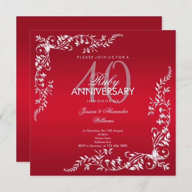 Invitación Aniversario de bodas de Rubí a los 40 años (Anverso / Reverso)