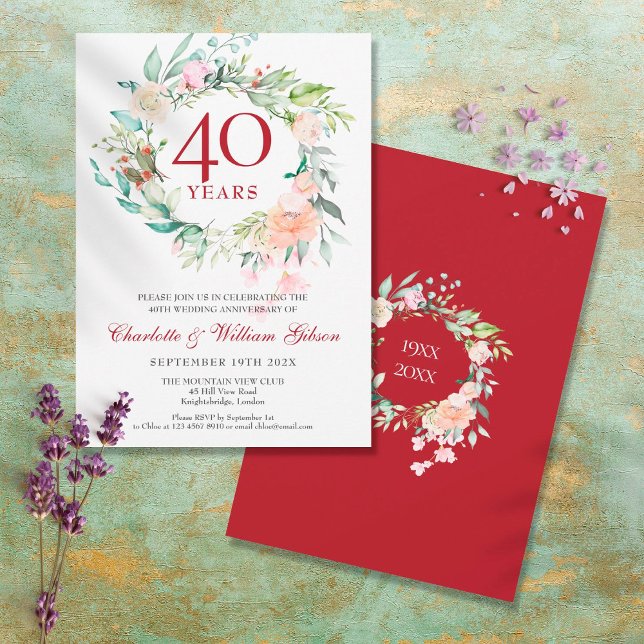 Invitación Aniversario de Bodas de Rubí con Acuarela Floral 4 (Subido por el creador)