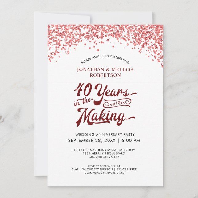 Invitación Aniversario de bodas de rubí con confeti (Anverso)