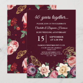 Invitación Aniversario de bodas de rubí de 40 años con flores