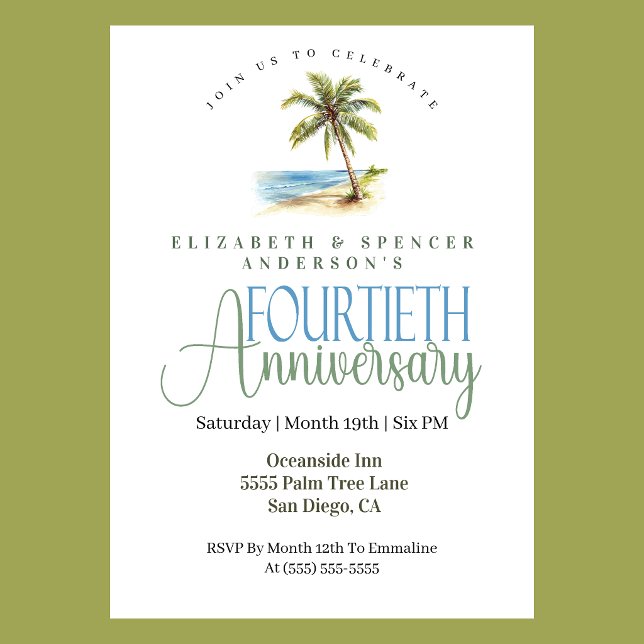 Invitación Aniversario de Bodas de Rubí de Palma de Playa (Tropical beach palm tree 40th wedding anniversary invitation coastal seaside theme
)